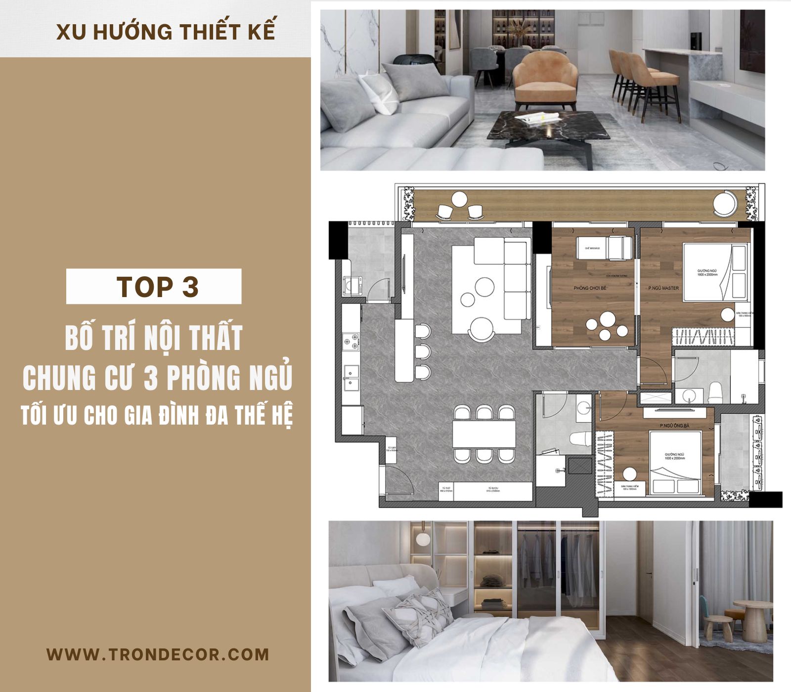 BỐ TRÍ NỘI THẤT CHUNG CƯ 3 PHÒNG NGỦ